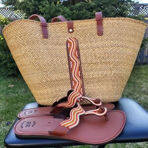 Handwoven Tote Bag with Leather Handles and Sandals Set